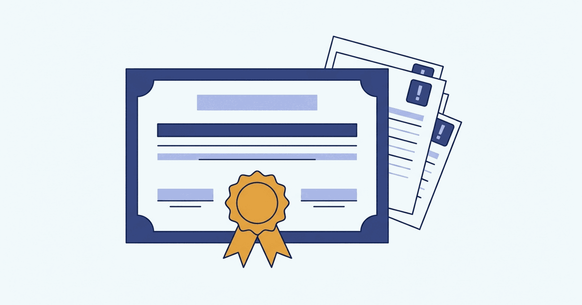 Ilustração de um certificado com selo de fita em âmbar e, atrás dele, três papéis marcados com sinal de atenção