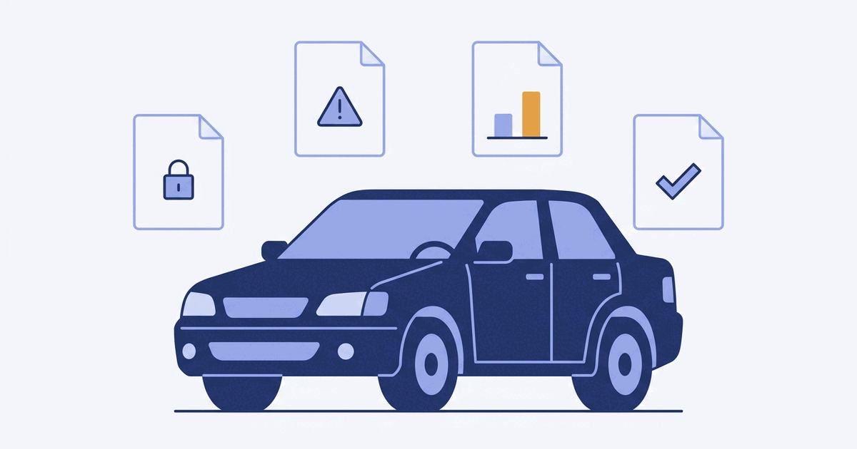 Ilustração de um carro cercado por quatro documentos de verificação, em azul-marinho sobre fundo claro