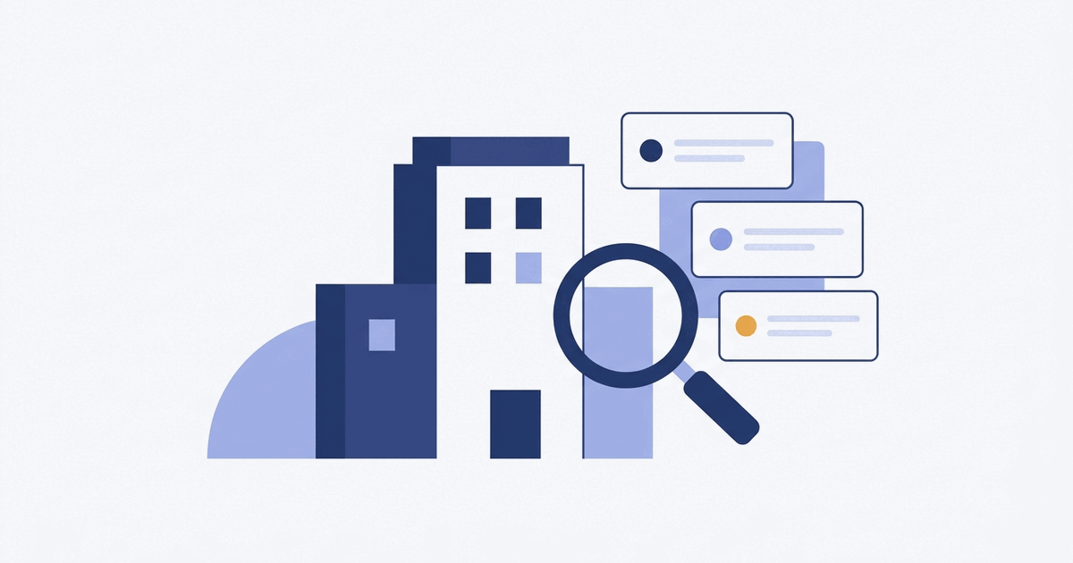Ilustração de um prédio comercial com uma lupa e três documentos de verificação ao lado, em azul-marinho