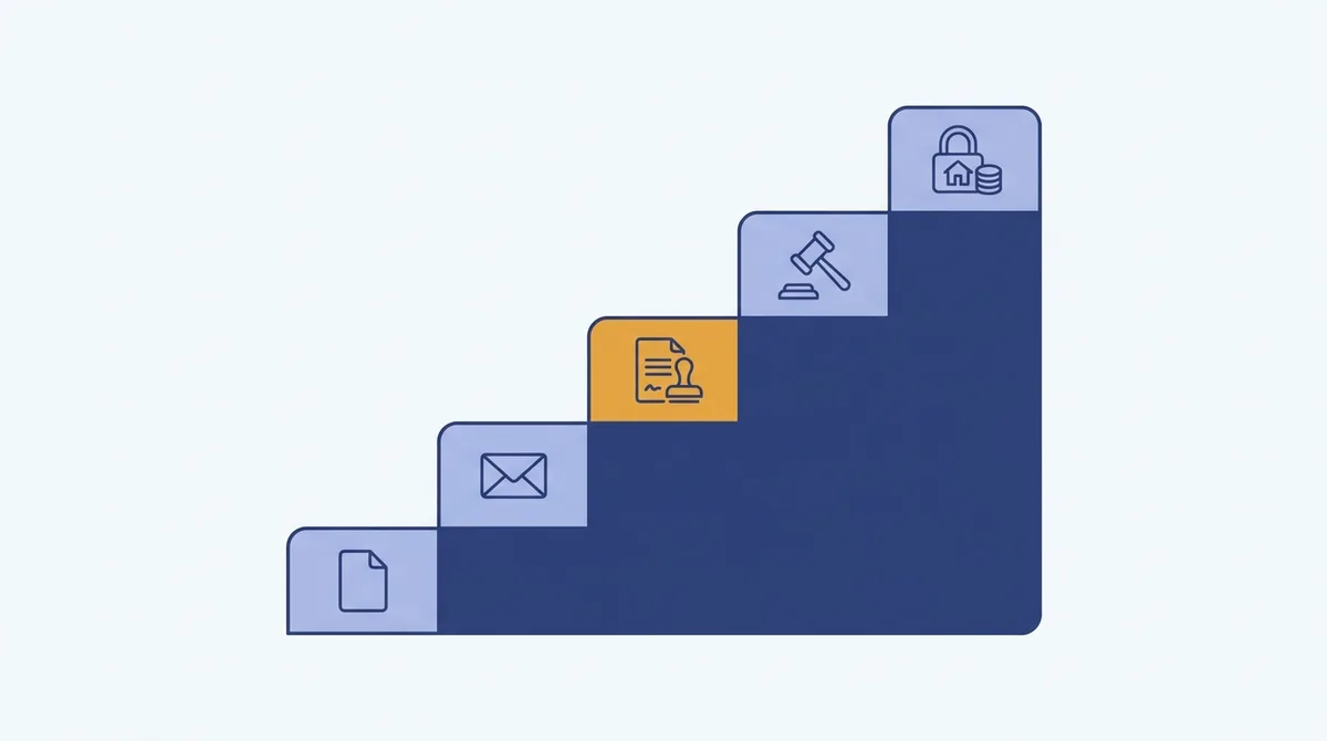 Escada de cinco degraus subindo, com um documento, um envelope, um documento carimbado em âmbar, um martelo judicial e um cadeado sobre casa e moedas