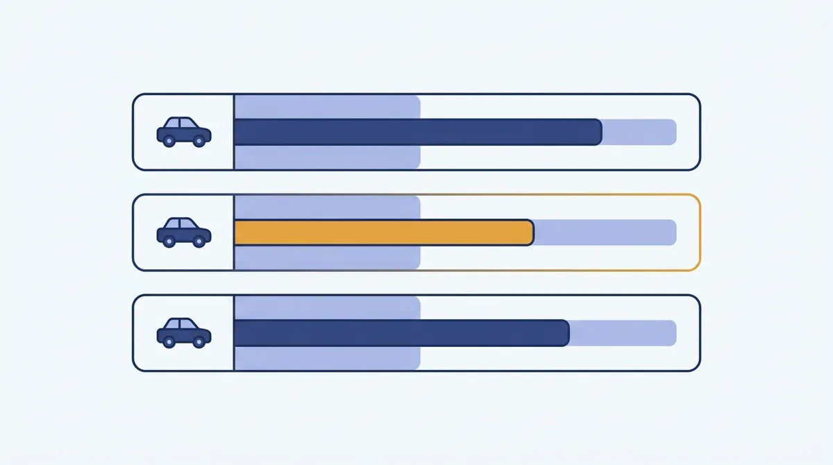 Três linhas com o mesmo ícone de carro e barras de comprimentos diferentes, a do meio destacada em âmbar