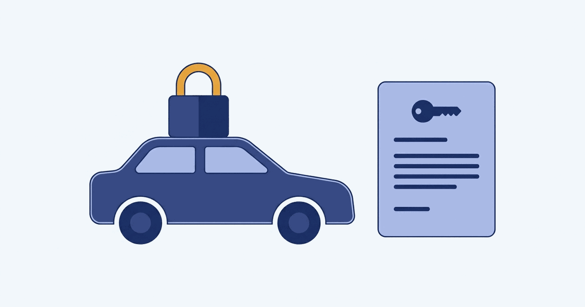 Ilustração de um carro visto de lado com um cadeado fechado sobre o teto e um contrato ao lado, em azul-marinho sobre fundo claro