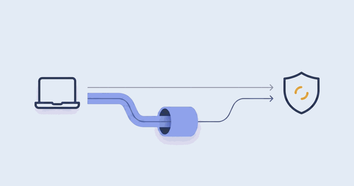 Ilustração de um notebook ligado a um escudo por dois caminhos, um direto e outro desviado por um túnel, com um símbolo de dúvida em âmbar sobre o escudo