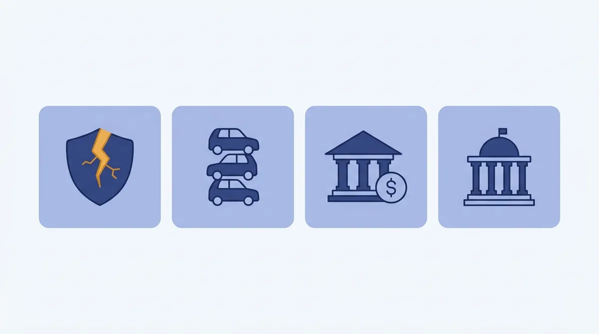 Quatro cartões com ícones: um escudo trincado, três carros empilhados, um banco com uma moeda e um prédio público