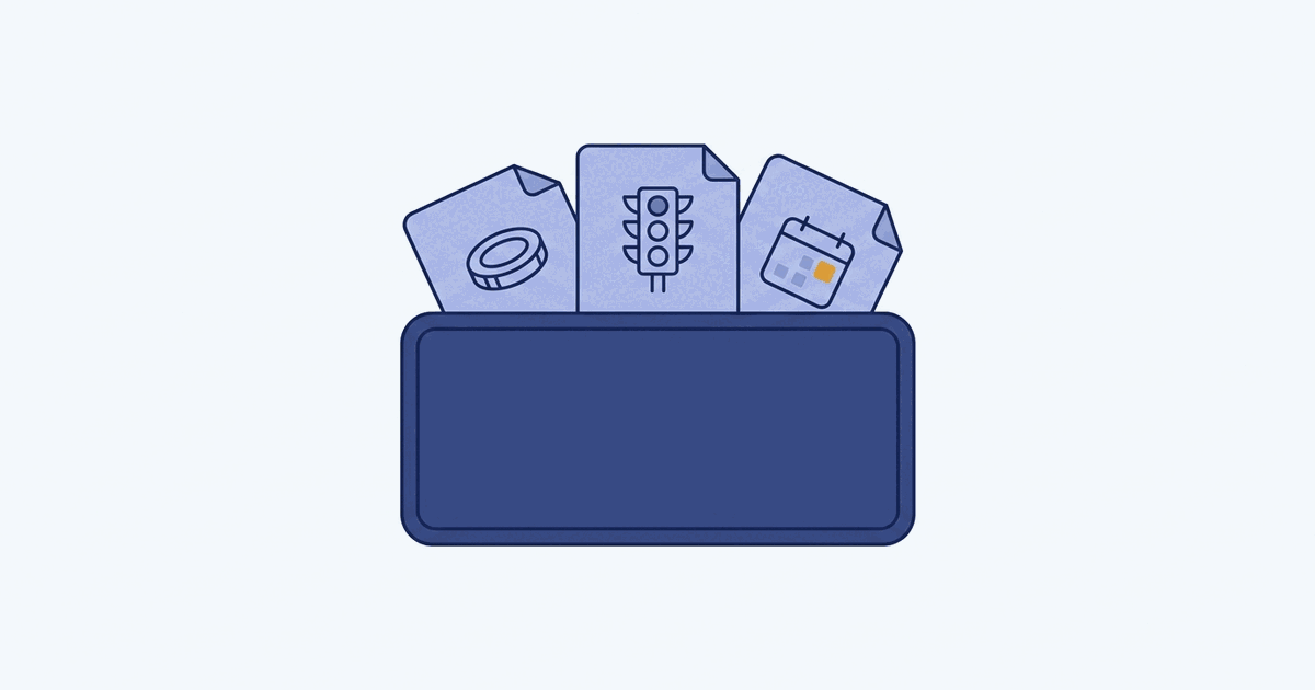 Ilustração de uma placa de veículo com três documentos atrás dela, marcados com uma moeda, um semáforo e um calendário