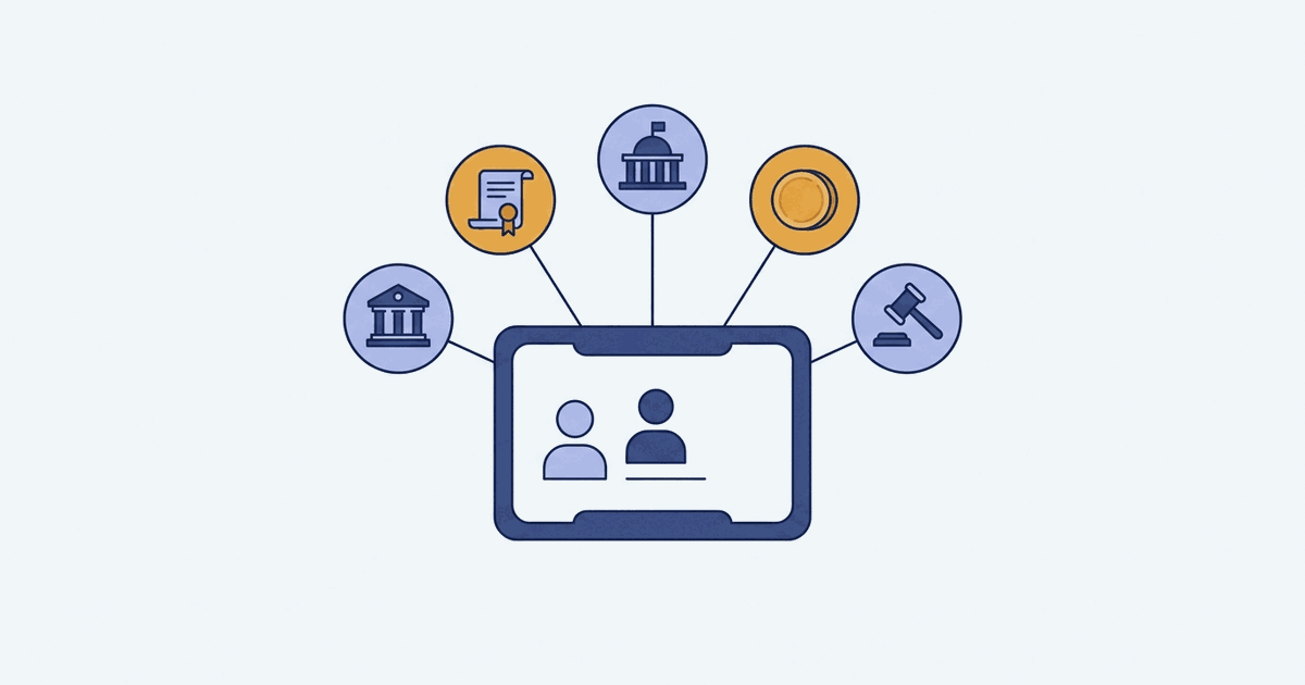 Ilustração de um documento de identidade ligado por linhas a cinco círculos com ícones de banco, cartório, órgão público, moeda e martelo judicial