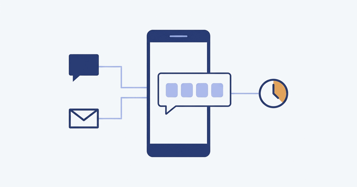 Diagrama de um celular recebendo um código de verificação por dois canais, com um relógio indicando expiração
