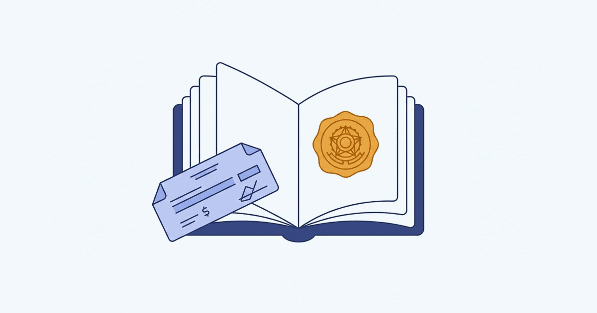 Ilustração de um livro de cartório aberto com um selo oficial em âmbar na página e um título encostado no livro